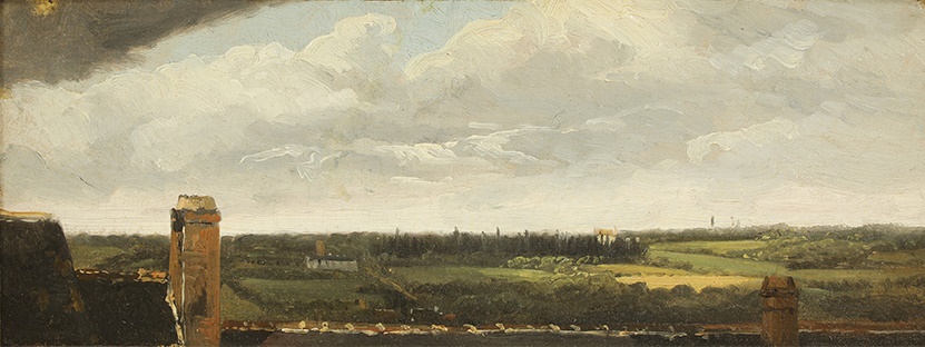 Léopold Leprince (French, 1800-1847), 'Roof Tops' indistinctly titled, signed and dated 'Leopold Leprince 1815' verso, oil on board 12.3 x 31cm